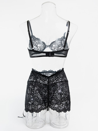 透け感のあるレースアップ花柄プリントのブラックブラ＆ショーツ3点セット