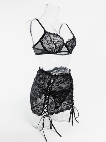 透け感のあるレースアップ花柄プリントのブラックブラ＆ショーツ3点セット