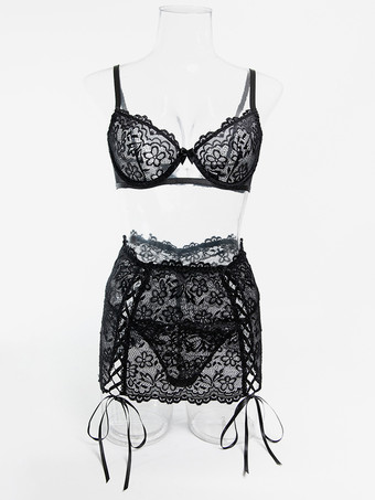 透け感のあるレースアップ花柄プリントのブラックブラ＆ショーツ3点セット