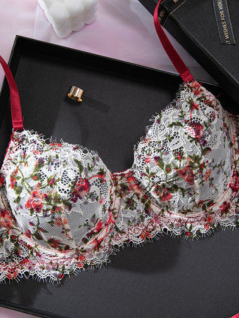2ピースランジェリー 花柄プリント シェイプアップ レース レッド ブラジャー＆ショーツセット