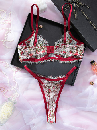 2ピースランジェリー 花柄プリント シェイプアップ レース レッド ブラジャー＆ショーツセット
