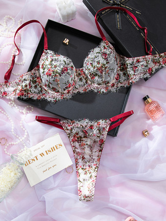 2ピースランジェリー 花柄プリント シェイプアップ レース レッド ブラジャー＆ショーツセット