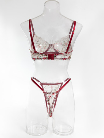 2ピースランジェリー 花柄プリント シェイプアップ レース レッド ブラジャー＆ショーツセット