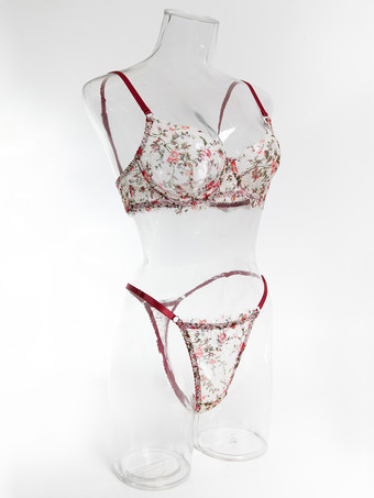 2ピースランジェリー 花柄プリント シェイプアップ レース レッド ブラジャー＆ショーツセット