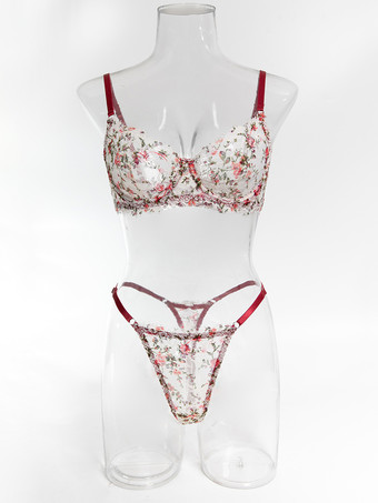 2ピースランジェリー 花柄プリント シェイプアップ レース レッド ブラジャー＆ショーツセット