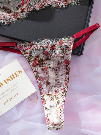 2ピースランジェリー 花柄プリント シェイプアップ レース レッド ブラジャー＆ショーツセット