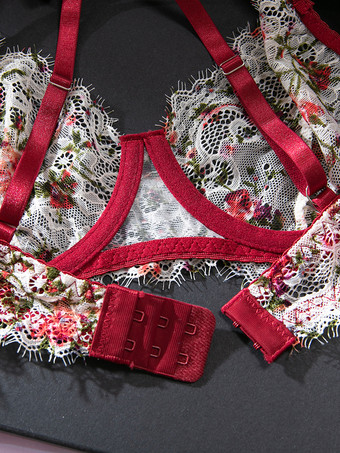 2ピースランジェリー 花柄プリント シェイプアップ レース レッド ブラジャー＆ショーツセット