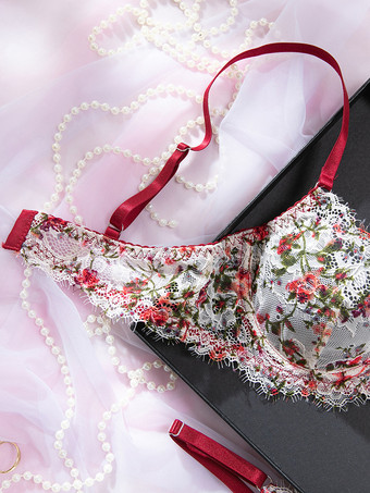 2ピースランジェリー 花柄プリント シェイプアップ レース レッド ブラジャー＆ショーツセット