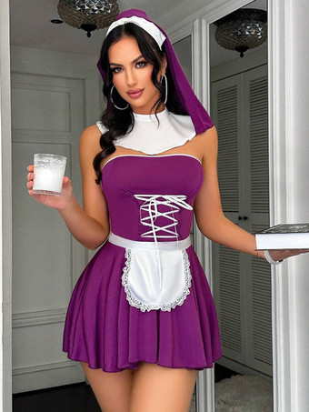 パープル 修道女コスチューム レディース セクシー トップス スカート 4点セット