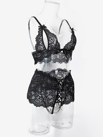 ランジェリー カップなし レース ブラック ブラジャー＆ショーツ 2点セット