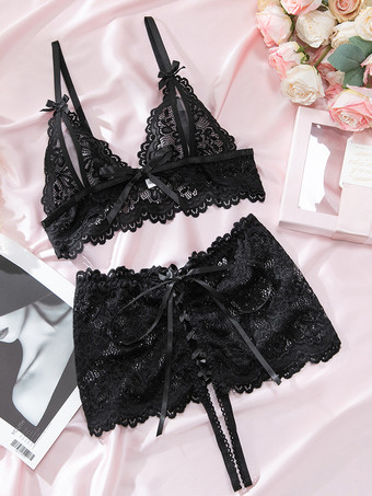 ランジェリー カップなし レース ブラック ブラジャー＆ショーツ 2点セット