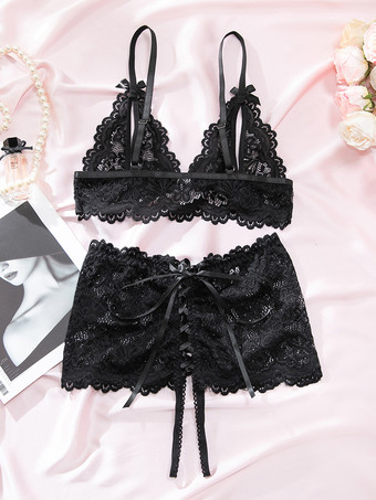 ランジェリー カップなし レース ブラック ブラジャー＆ショーツ 2点セット