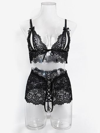 ランジェリー カップなし レース ブラック ブラジャー＆ショーツ 2点セット