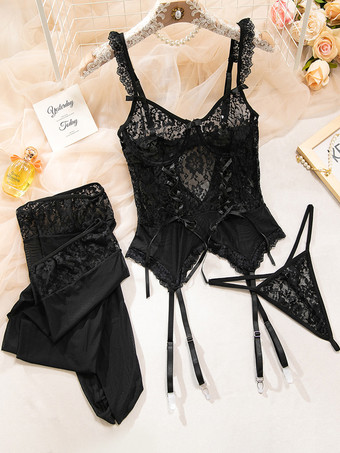 ランジェリー ストッキング ボディストッキング セクシーな黒の花柄プリント カットアウト 3点セット