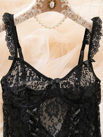 ランジェリー ストッキング ボディストッキング セクシーな黒の花柄プリント カットアウト 3点セット