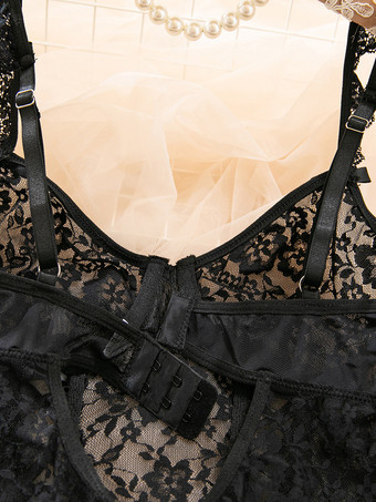 ランジェリー ストッキング ボディストッキング セクシーな黒の花柄プリント カットアウト 3点セット