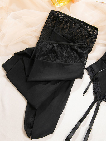 ランジェリー ストッキング ボディストッキング セクシーな黒の花柄プリント カットアウト 3点セット