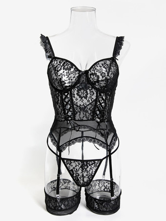 ランジェリー ストッキング ボディストッキング セクシーな黒の花柄プリント カットアウト 3点セット