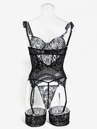 ランジェリー ストッキング ボディストッキング セクシーな黒の花柄プリント カットアウト 3点セット