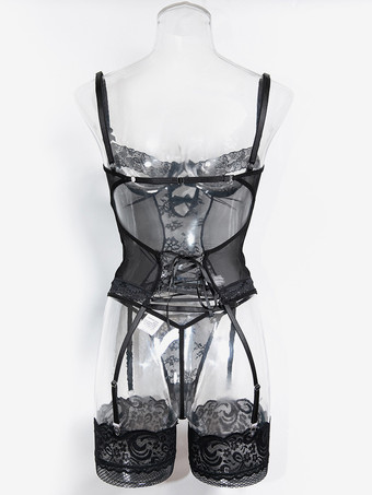 ランジェリー ストッキング ボディストッキング ブラック 花柄 ネット シースルー 3点セット