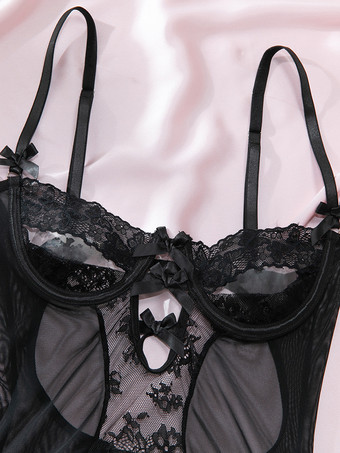 ランジェリー ストッキング ボディストッキング ブラック 花柄 ネット シースルー 3点セット