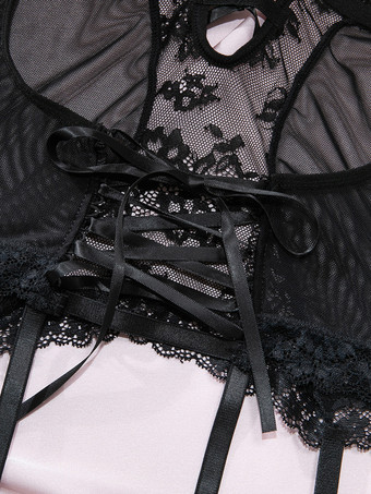 ランジェリー ストッキング ボディストッキング ブラック 花柄 ネット シースルー 3点セット