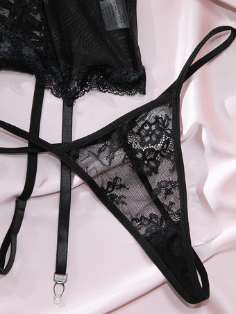 ランジェリー ストッキング ボディストッキング ブラック 花柄 ネット シースルー 3点セット