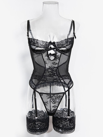 ランジェリー ストッキング ボディストッキング ブラック 花柄 ネット シースルー 3点セット