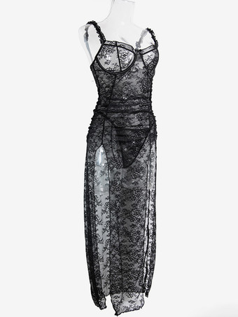 ロングナイトガウン ブラック セクシー シェイプアップ バックレス カットアウト ポリエステル ランジェリー