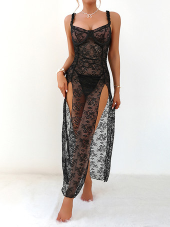 ロングナイトガウン ブラック セクシー シェイプアップ バックレス カットアウト ポリエステル ランジェリー