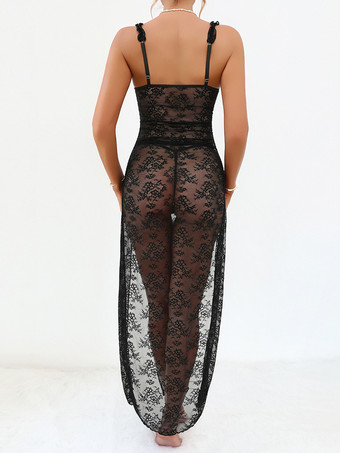 ロングナイトガウン ブラック セクシー シェイプアップ バックレス カットアウト ポリエステル ランジェリー