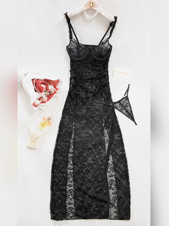 ロングナイトガウン ブラック セクシー シェイプアップ バックレス カットアウト ポリエステル ランジェリー