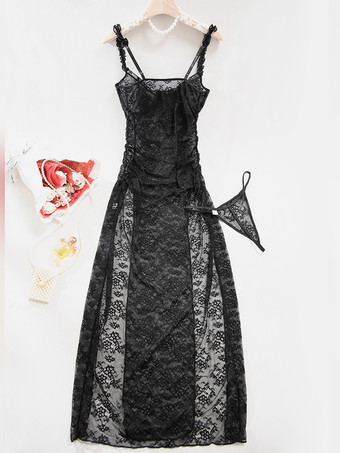 ロングナイトガウン ブラック セクシー シェイプアップ バックレス カットアウト ポリエステル ランジェリー