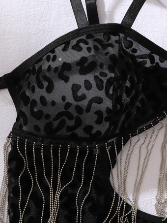 レディース シュミーズ ブラック ポリエステル レースアップ レオパード柄 シェイプアップ ランジェリー