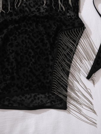 レディース シュミーズ ブラック ポリエステル レースアップ レオパード柄 シェイプアップ ランジェリー