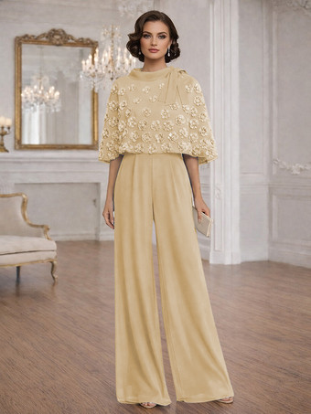 ベージュ 花嫁の母のためのツーピースジャンプスーツ、ジュエルネック、ハーフスリーブ、リボン付き、結婚式ゲストドレス