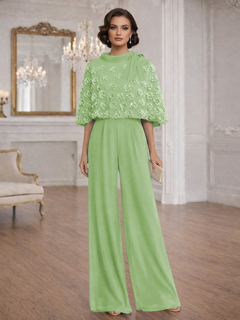 ライトグリーン 花嫁の母のためのツーピースジャンプスーツ、ジュエルネック、ハーフスリーブ、リボン付き、結婚式ゲストドレス