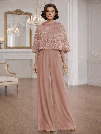 カメオピンク花嫁の母のためのツーピースジャンプスーツ、ジュエルネック、ハーフスリーブ、リボン付き、結婚式ゲストドレス