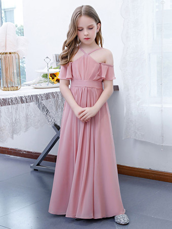 Robe cortège enfant robe cérémonie fille à bretelle zip sur dos jupe plissée