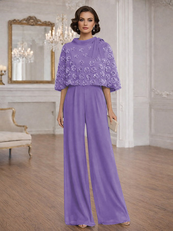 ラベンダー花嫁の母のためのツーピースジャンプスーツ、ジュエルネック、ハーフスリーブ、リボン付き、結婚式ゲストドレス