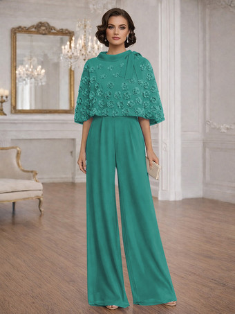 ターコイズグリーン花嫁の母のためのツーピースジャンプスーツ、ジュエルネック、ハーフスリーブ、リボン付き、結婚式ゲストドレス