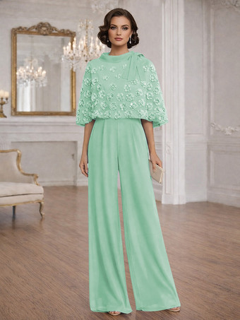 ミントグリーン花嫁の母のためのツーピースジャンプスーツ、ジュエルネック、ハーフスリーブ、リボン付き、結婚式ゲストドレス
