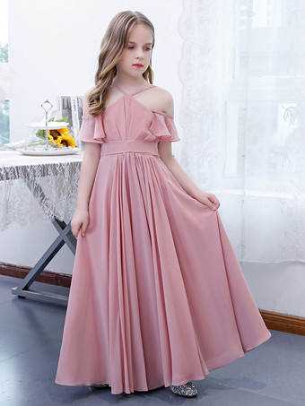 lotus roseRobe cortège enfant robe cérémonie fille à bretelle zip sur dos jupe plissée
