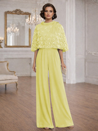 スイセン色花嫁の母のためのツーピースジャンプスーツ、ジュエルネック、ハーフスリーブ、リボン付き、結婚式ゲストドレス