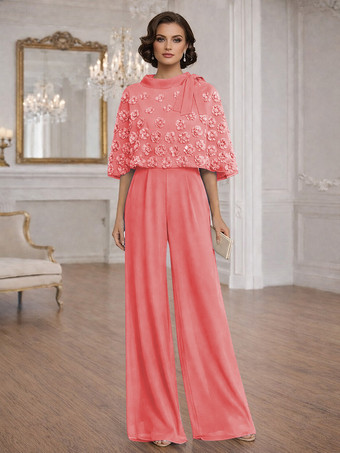 スイカ（レッド）花嫁の母のためのツーピースジャンプスーツ、ジュエルネック、ハーフスリーブ、リボン付き、結婚式ゲストドレス