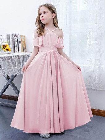 Pale RoseRobe cortège enfant robe cérémonie fille à bretelle zip sur dos jupe plissée