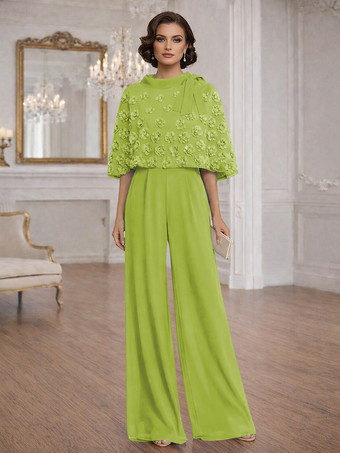 アボカドグリーン花嫁の母のためのツーピースジャンプスーツ、ジュエルネック、ハーフスリーブ、リボン付き、結婚式ゲストドレス