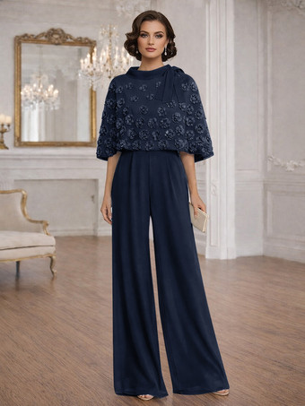 ダークネイビー花嫁の母のためのツーピースジャンプスーツ、ジュエルネック、ハーフスリーブ、リボン付き、結婚式ゲストドレス