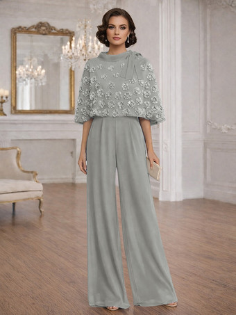 グレイ花嫁の母のためのツーピースジャンプスーツ、ジュエルネック、ハーフスリーブ、リボン付き、結婚式ゲストドレス