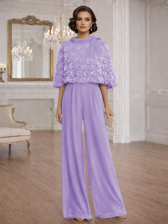 ライラック花嫁の母のためのツーピースジャンプスーツ、ジュエルネック、ハーフスリーブ、リボン付き、結婚式ゲストドレス